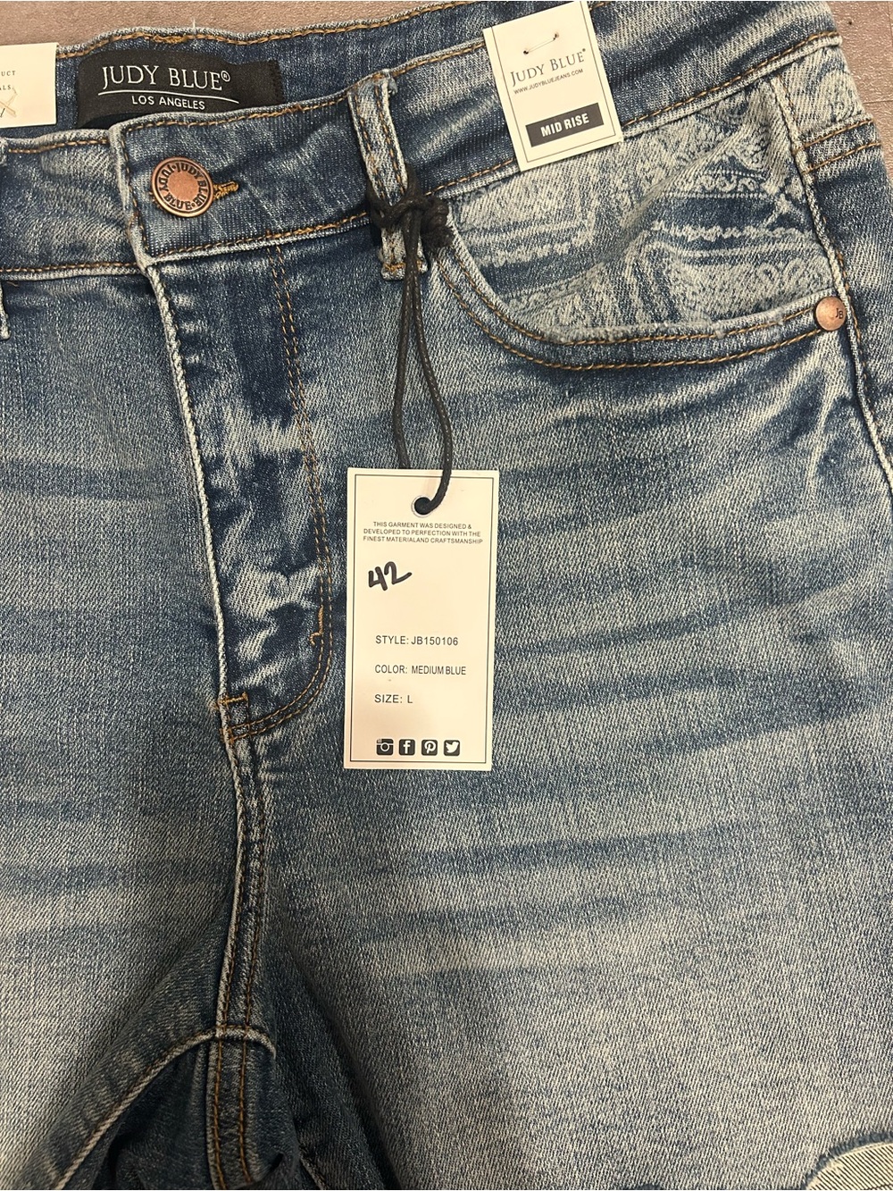 Judy Blue Mid Rise Paisley Print Denim Shorts - Picture 3 of 6